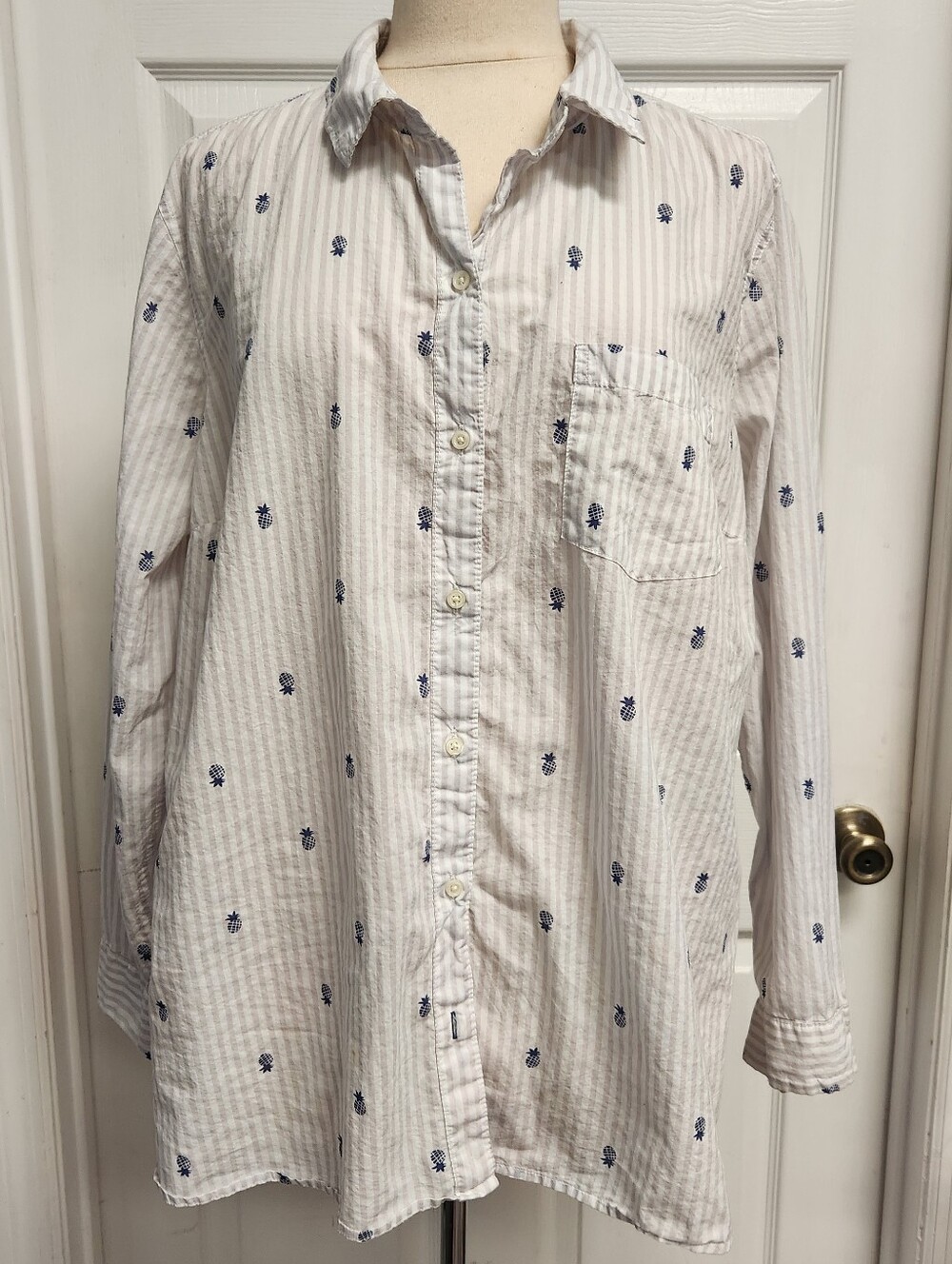 Old Navy Cream and Navy Striped Button-Up Shirt with Pineapples